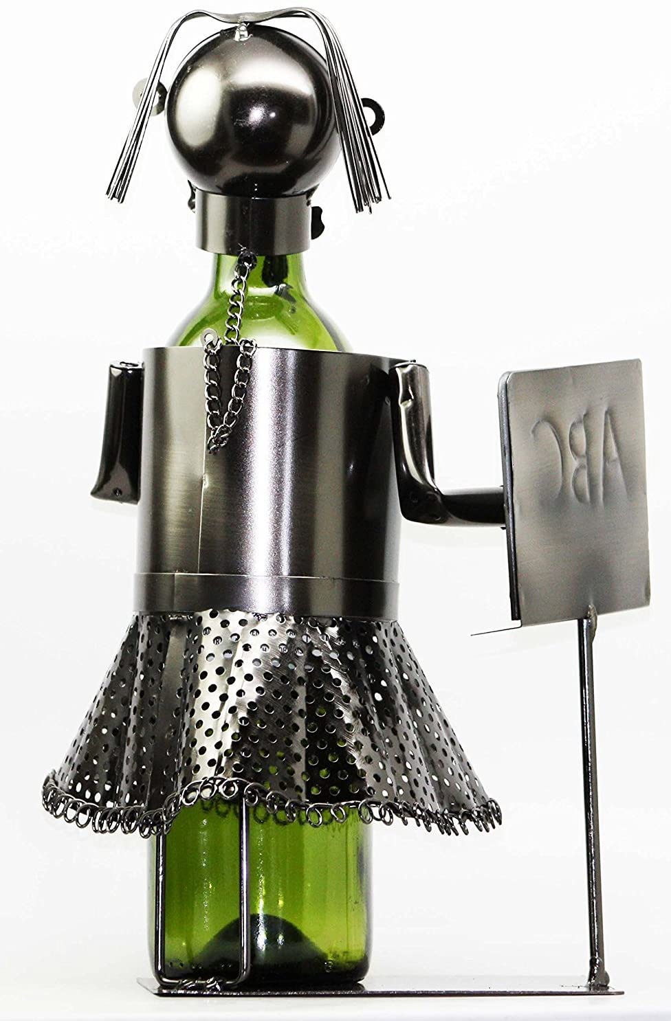 13" Tall Female Teacher With Lesson Board Hand Made Metal Wine Bottle Holder Caddy Figurine - Image 3