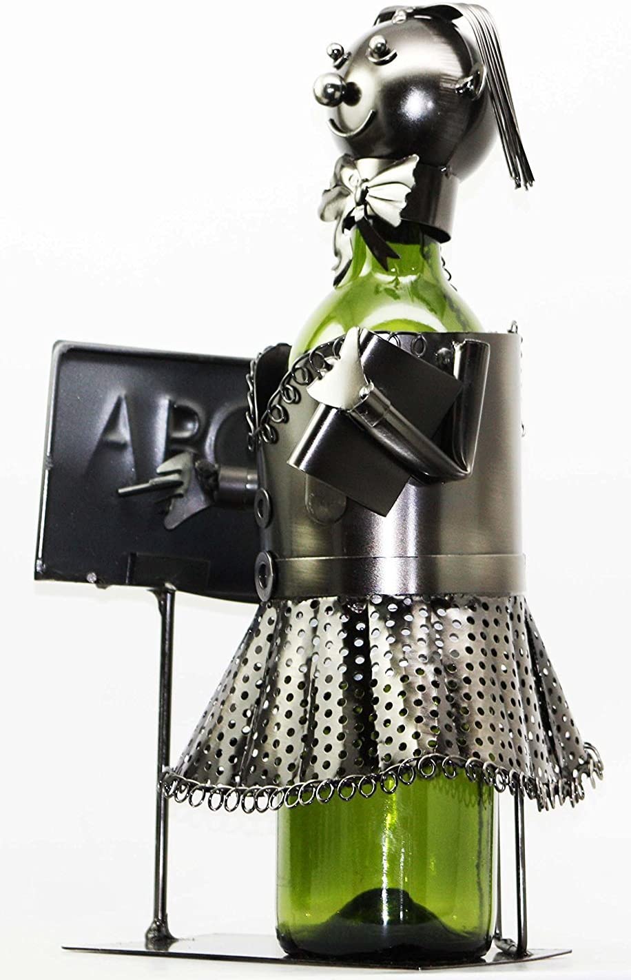 13" Tall Female Teacher With Lesson Board Hand Made Metal Wine Bottle Holder Caddy Figurine - Image 4