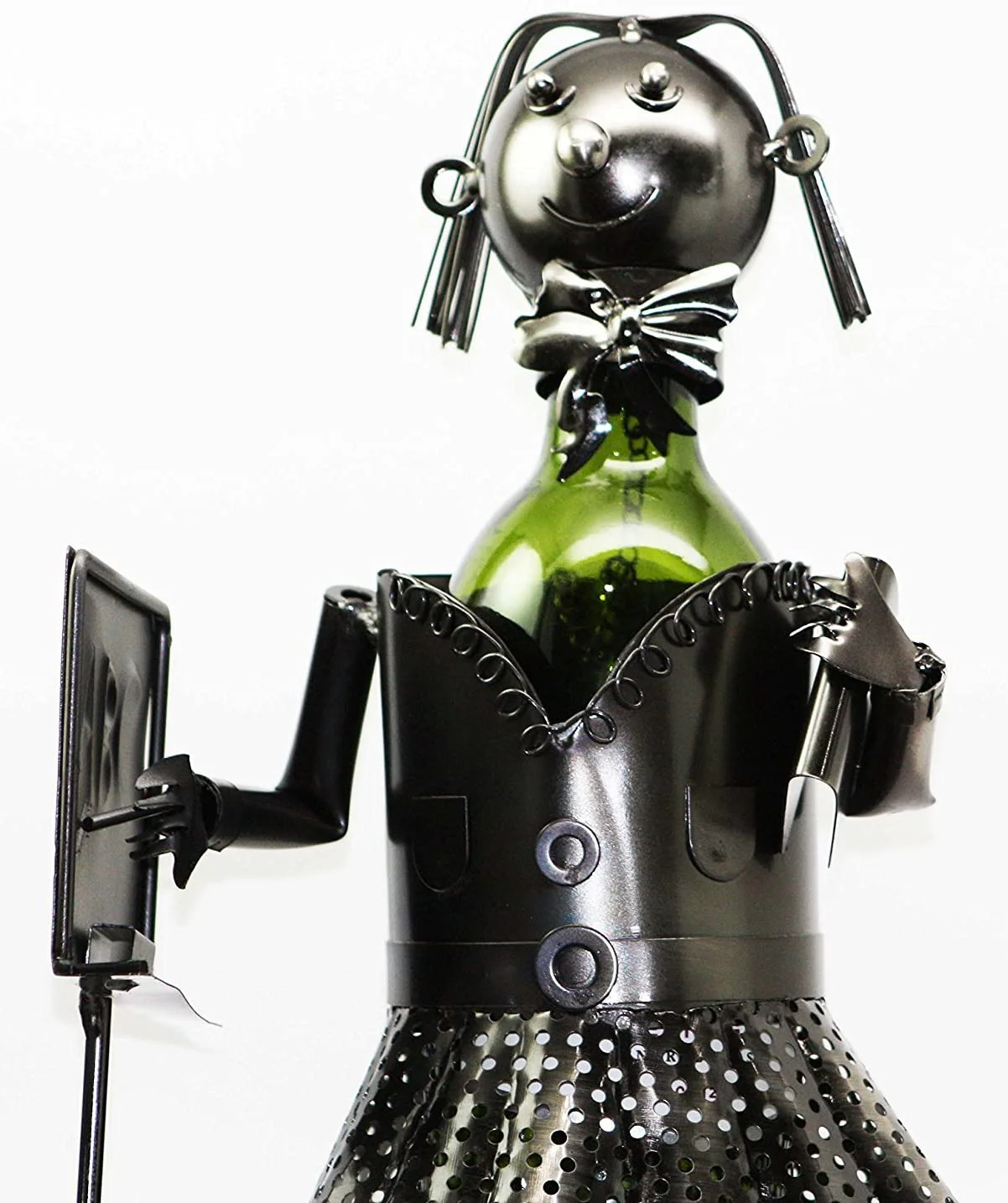 13" Tall Female Teacher With Lesson Board Hand Made Metal Wine Bottle Holder Caddy Figurine - Image 5