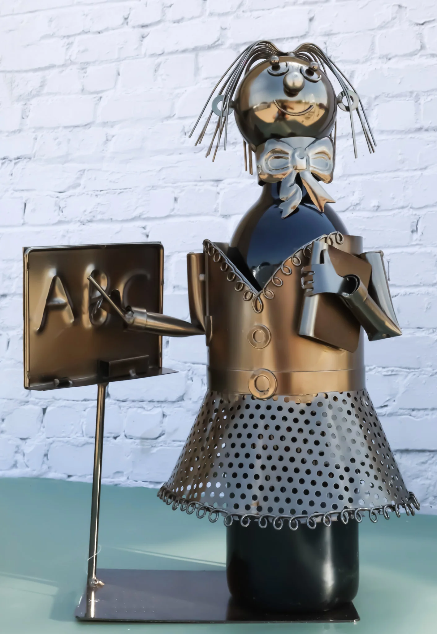 13" Tall Female Teacher With Lesson Board Hand Made Metal Wine Bottle Holder Caddy Figurine - Image 7