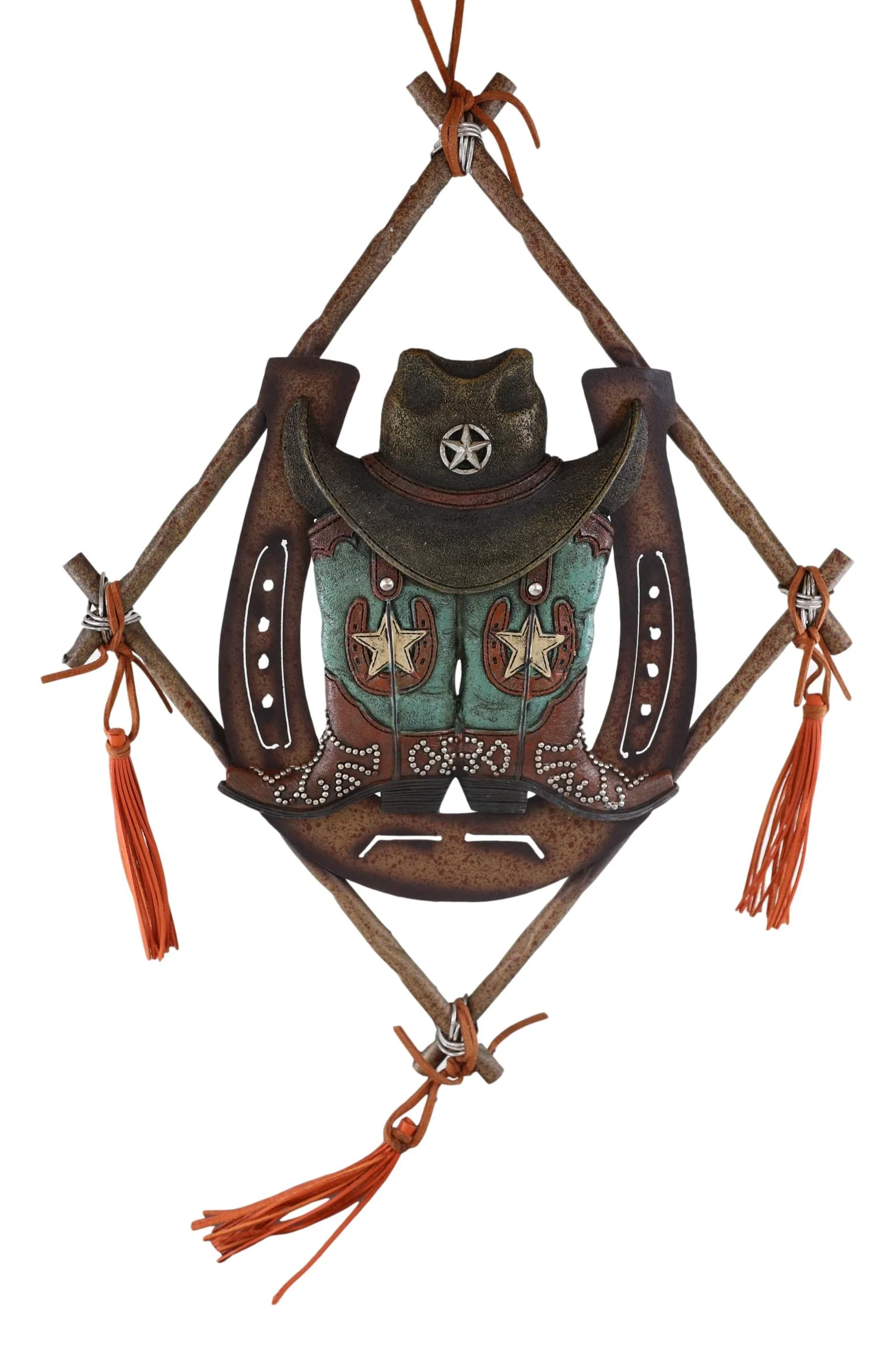 14" Rustic Southwestern Dreamcatcher Lucky Horseshoe Cowboy Hat Boots Wall Decor - Image 5