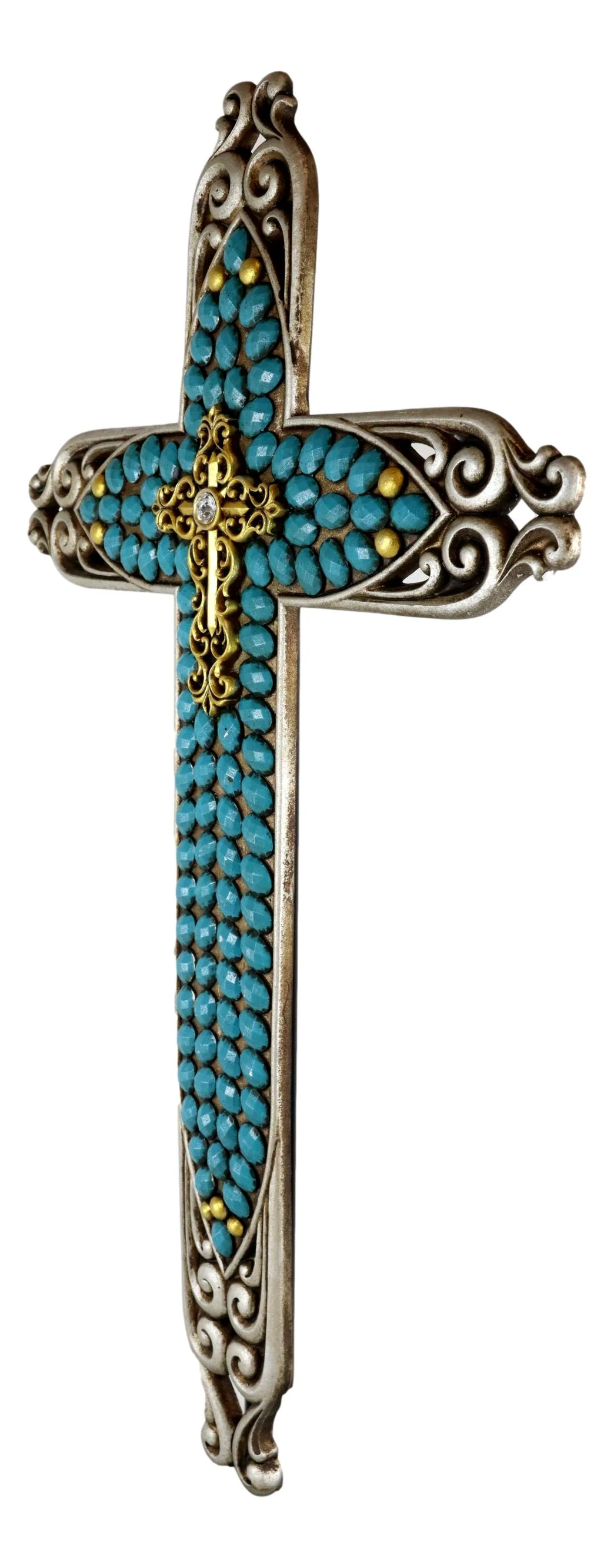 20"H Rustic Western Scroll Lace Le Fleur Wall Cross With Turquoise Gemstones - Image 2