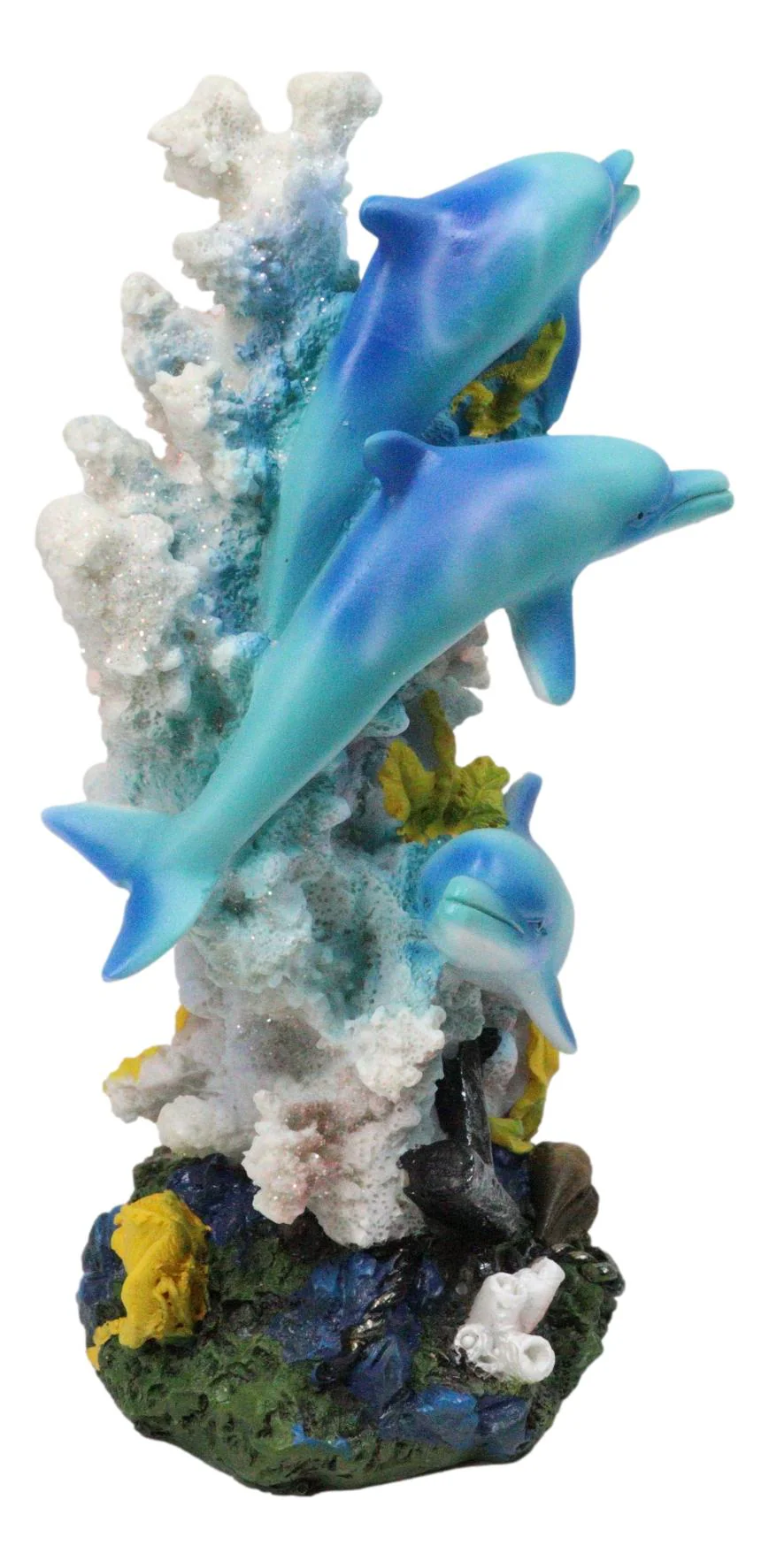 3 Blue Dolphins Swimming Around Coral Reef With Sunken Ship Anchor Figurine - Image 2