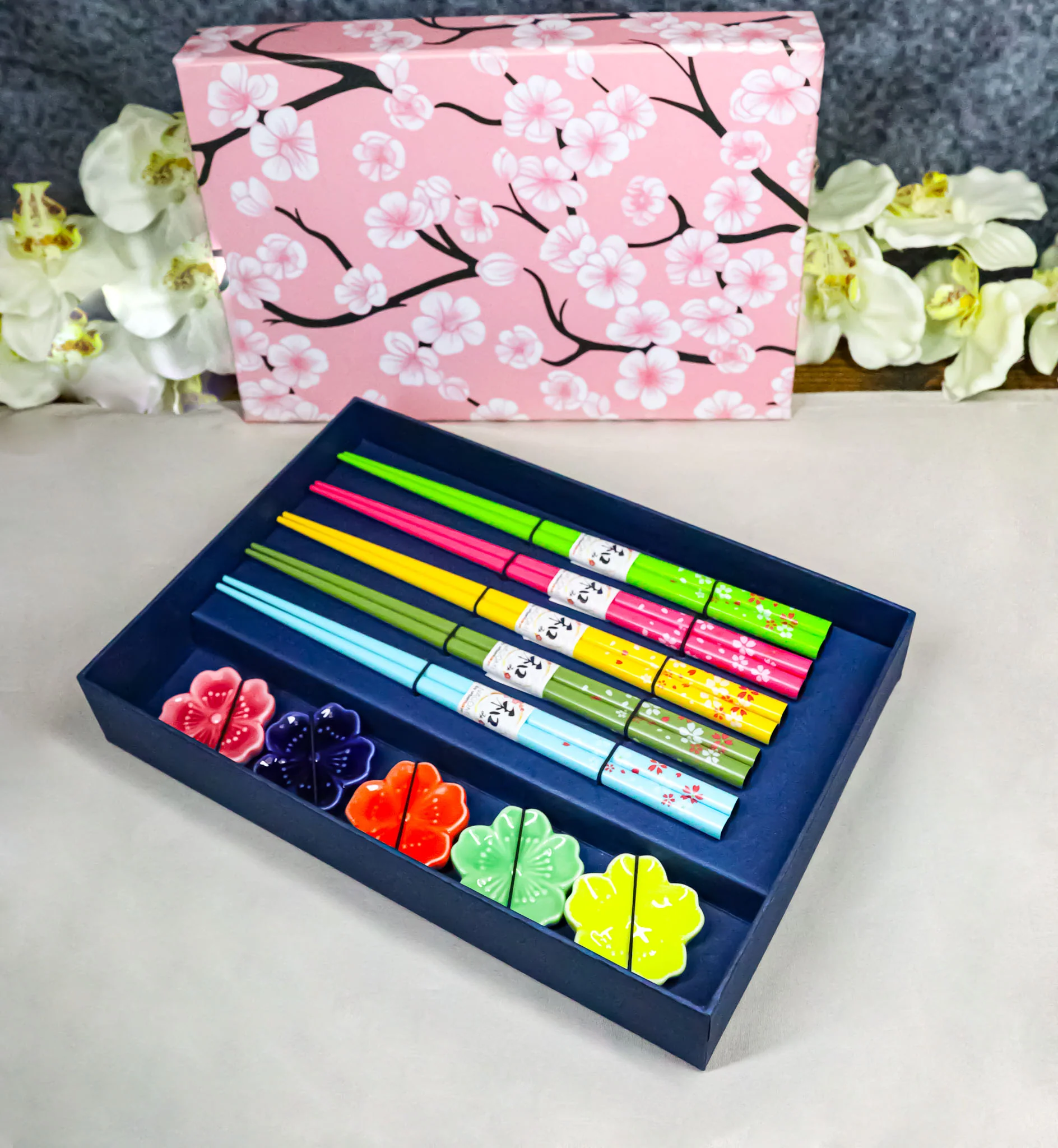 5 Pairs Of Sakura Cherry Blossoms Ceramic Rests With Wooden Chopsticks Set - Image 7