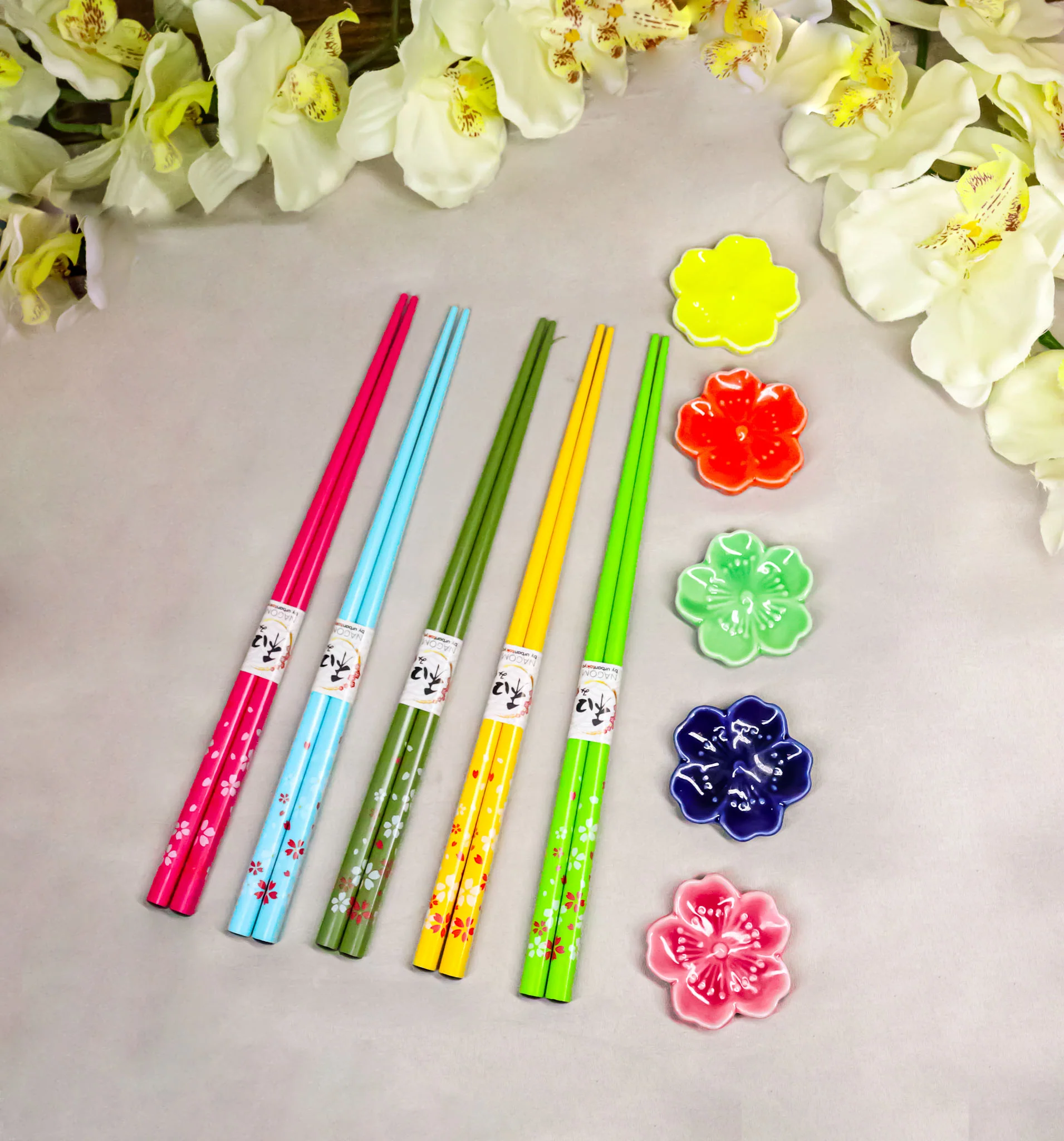 5 Pairs Of Sakura Cherry Blossoms Ceramic Rests With Wooden Chopsticks Set - Image 9