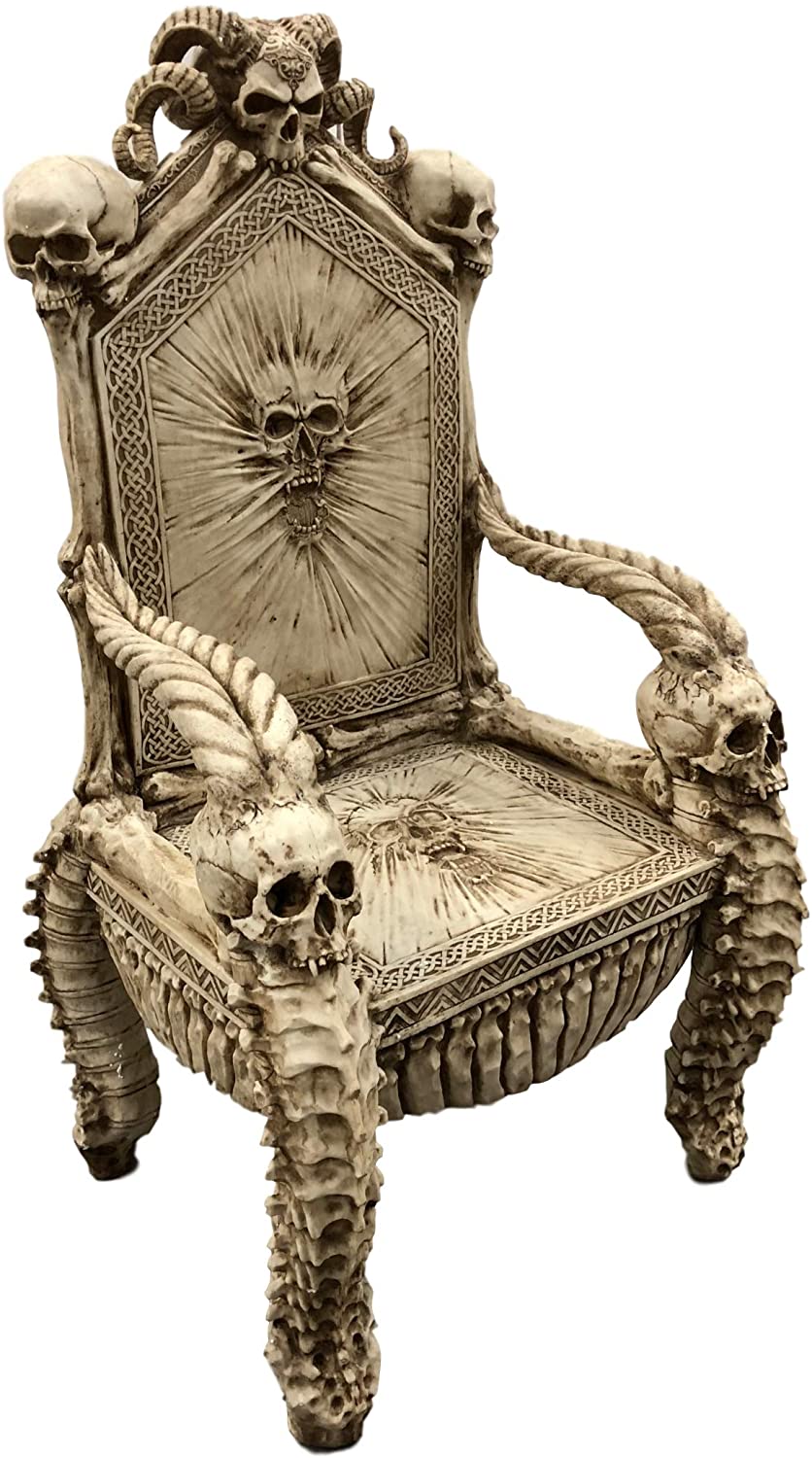 56"H Fantasy Underworld White Walker Skeleton Spines & Bones Skull Throne Chair