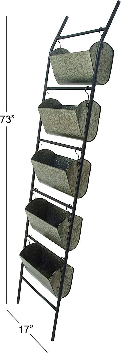 73"H Rustic Galvanized Iron Metal Farmhouse Planter 5 Bucket Tiered Ladder Decor - Image 2
