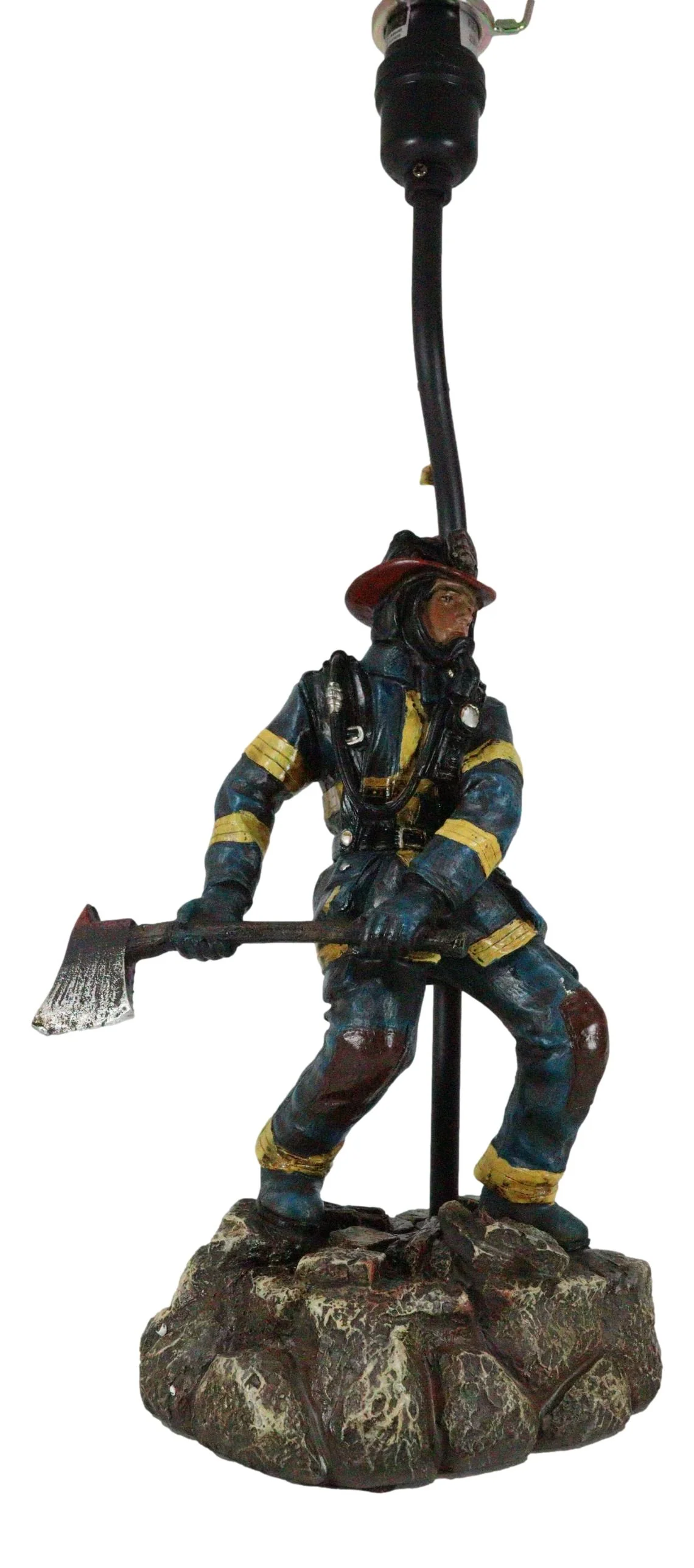 American Hero Fire Fighter Fireman Wielding Axe Table Lamp With Red Shade - Image 5