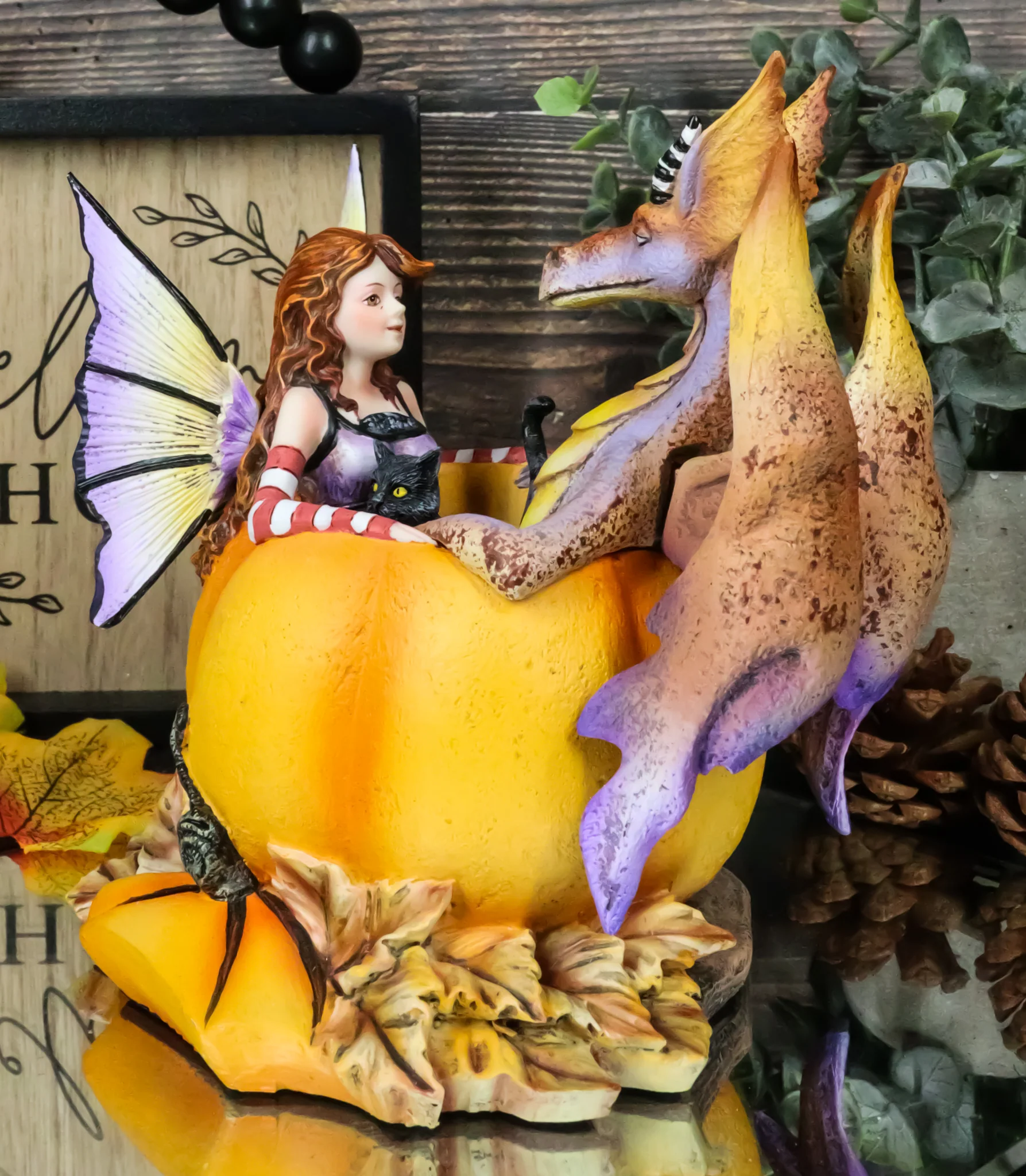 Amy Brown Halloween Fairy Black Cats And Dragon In Pumpkin Fall Leaves Figurine - Image 9