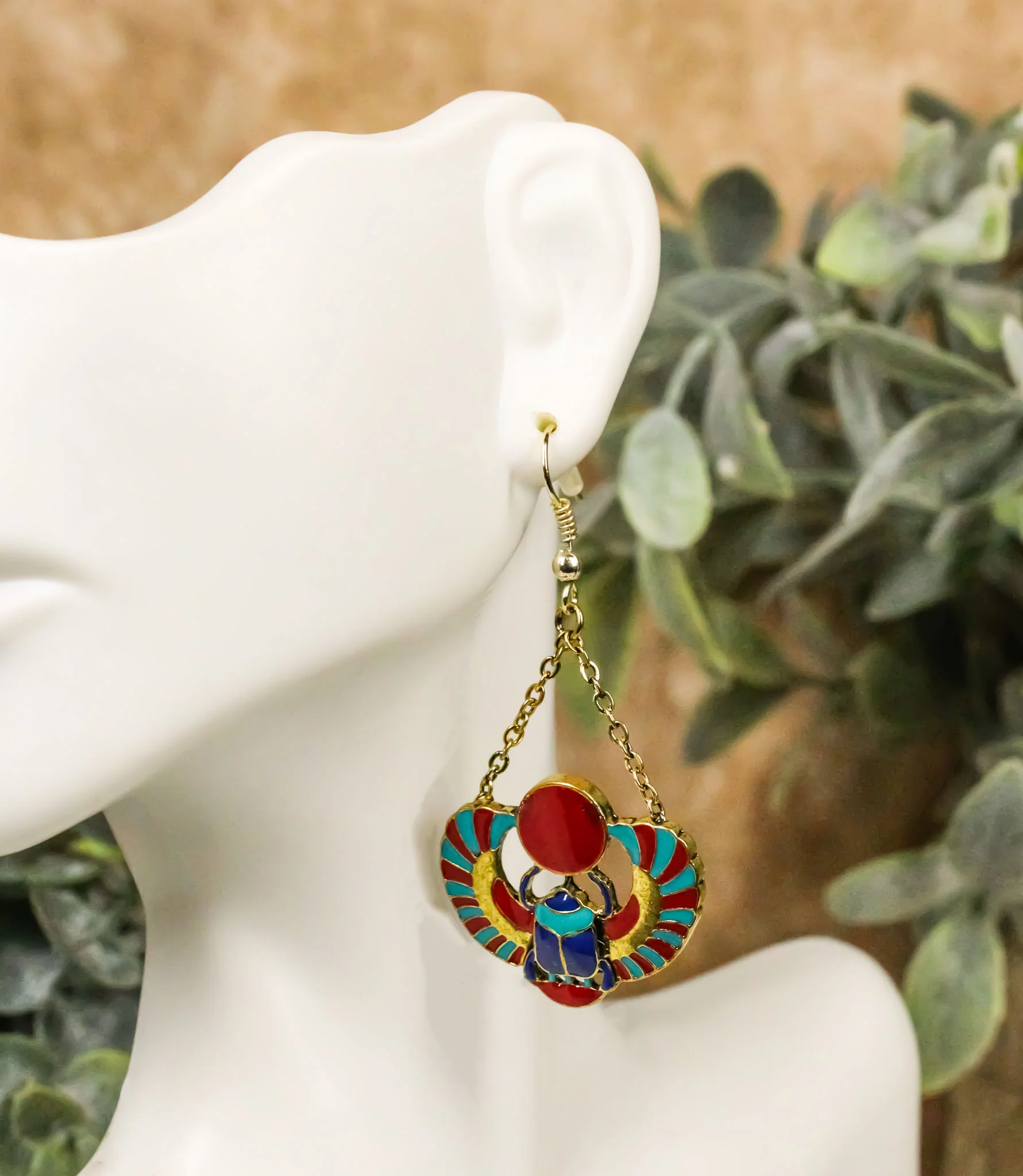 Ancient Egyptian Deity Winged Scarab Beetle Amulet Dangle Earrings Pair Jewelry - Image 8