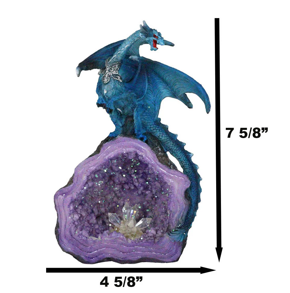Armored Blue Dragon On Purple Quartz Faux Geode Crystal Cavern Rock Figurine - Image 4