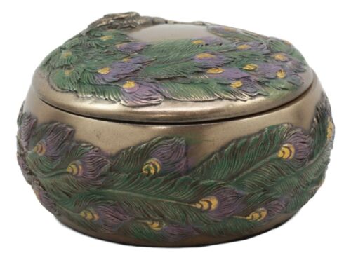 Art Nouveau Beautiful Iridescent Tailed Peacock Round Jewelry Box - Image 3