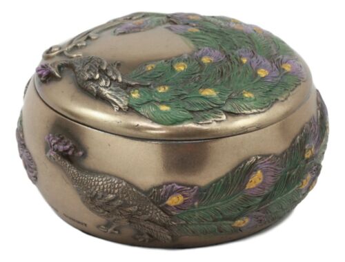 Art Nouveau Beautiful Iridescent Tailed Peacock Round Jewelry Box - Image 4