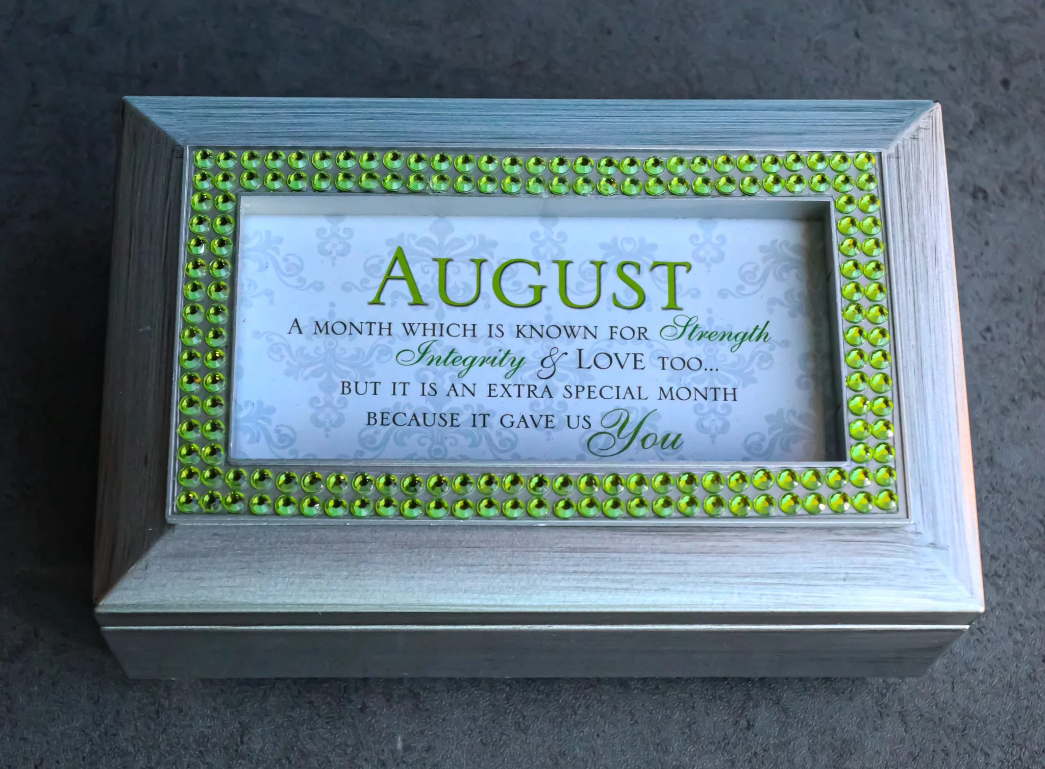 August Peridot Strength Integrity Birthstones Silver Tone Musical Trinket Box - Image 9