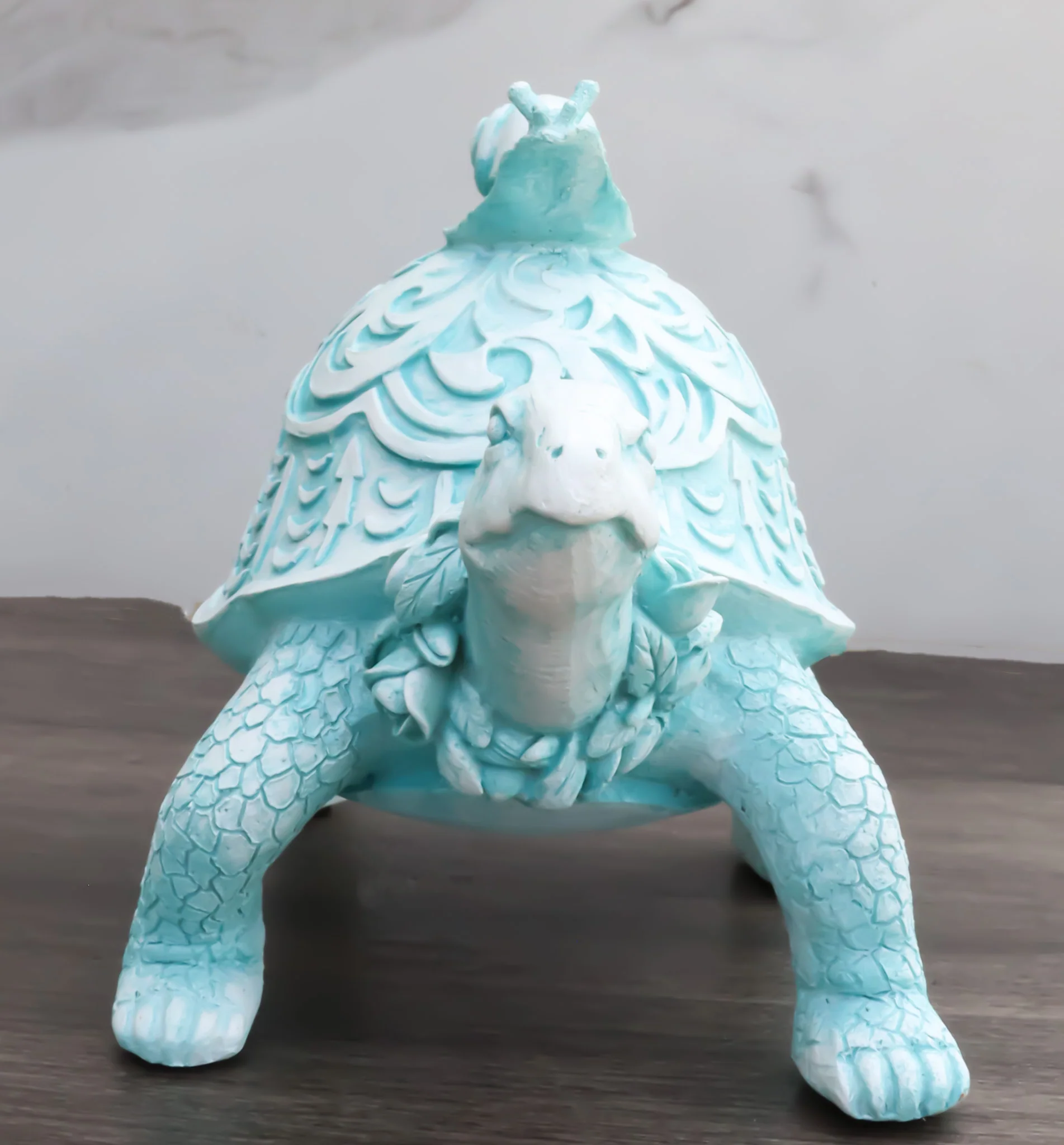 Auspicious Pastel Blue Turtle Tortoise With Patterned Shell And Snail Figurine - Image 9