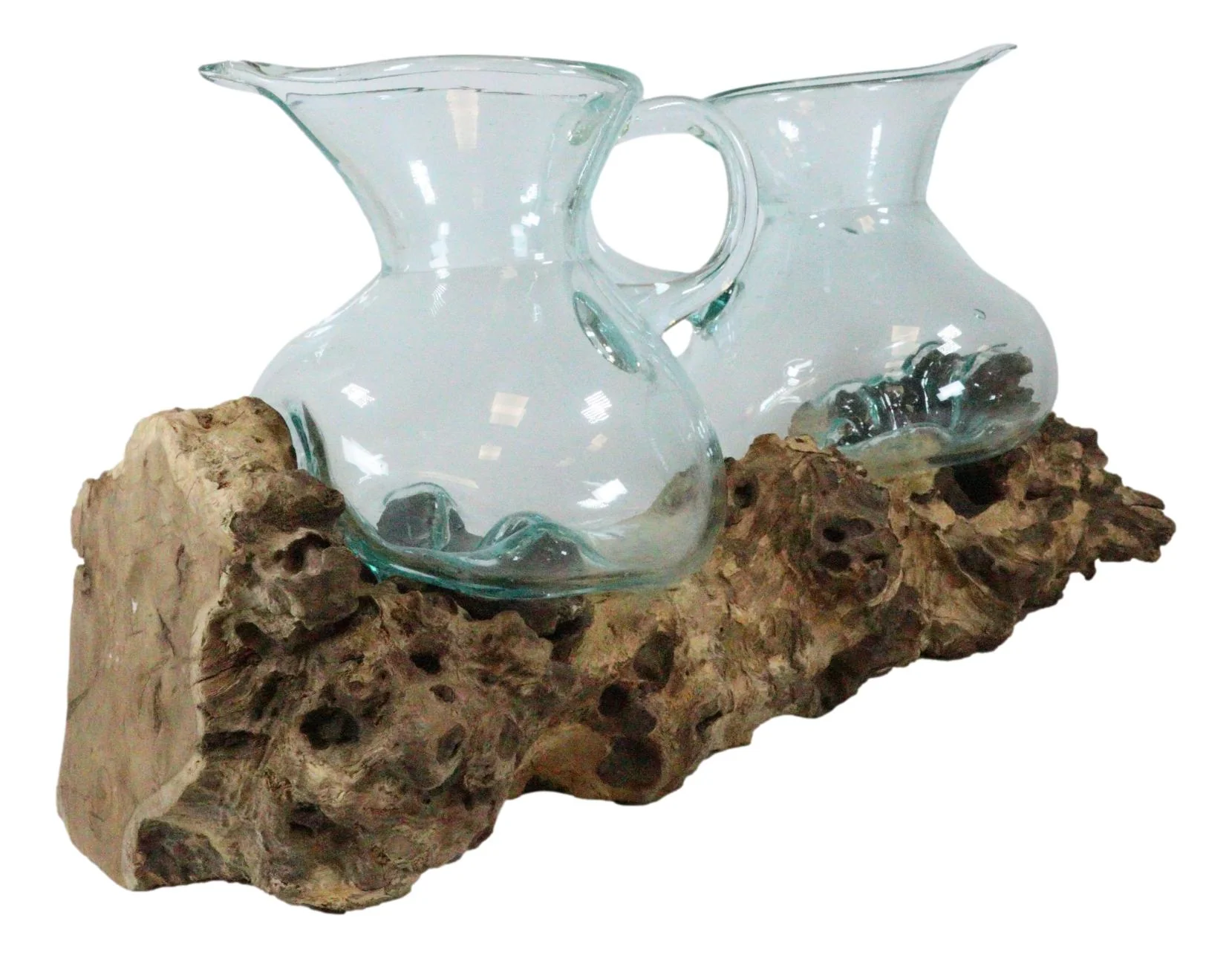 Balinese Gamal Wood Driftwood Plank With 2 Molten Glass Water Jugs Carafe Decor - Image 8