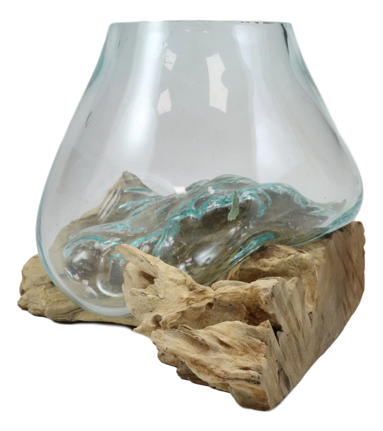 Balinese Handicraft Natural Driftwood With Fitted Hand Blown Glass Bowl 7"L - Image 2