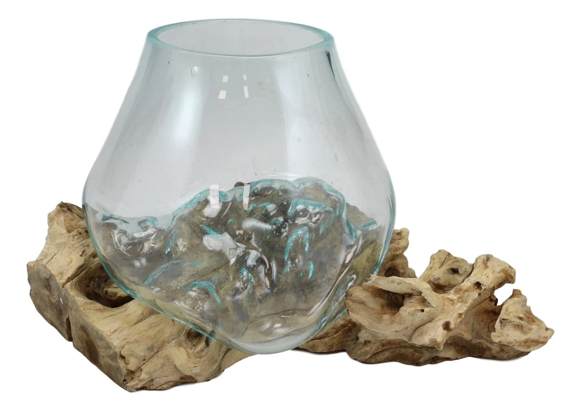 Balinese Handicraft Natural Driftwood With Fitted Hand Blown Glass Bowl 7"L - Image 3