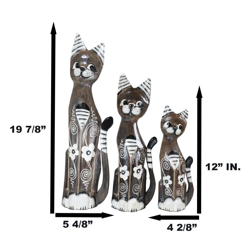 Balinese Wood Handicraft Striped Ears Feline Cat Family Set of 3 Figurines 20"H - Image 2