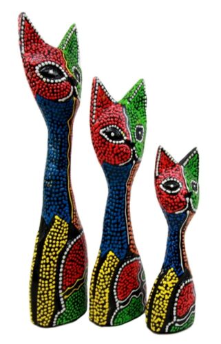 Balinese Wood Handicrafts Abstract Colorful Feline Cat Family Set of 3 Figurines - Image 3