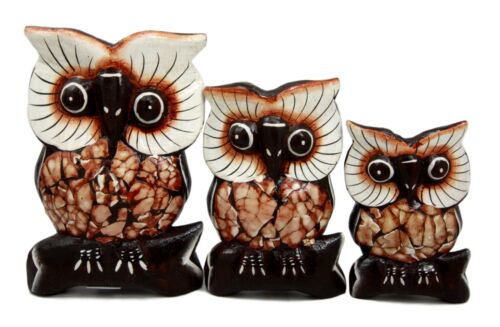 Balinese Wood Handicrafts Forest Owl Family Set of 3 Decorative Figurines 6"H - Image 3