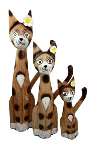 Balinese Wood Handicrafts Large Floral Feline Cat Family Set of 3 Figurines - Image 2