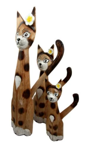 Balinese Wood Handicrafts Large Floral Feline Cat Family Set of 3 Figurines - Image 3