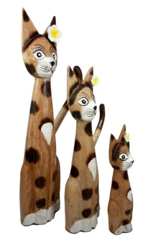 Balinese Wood Handicrafts Large Floral Feline Cat Family Set of 3 Figurines - Image 4