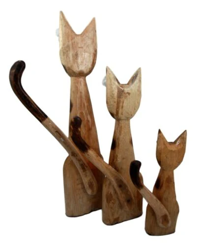 Balinese Wood Handicrafts Large Floral Feline Cat Family Set of 3 Figurines - Image 5