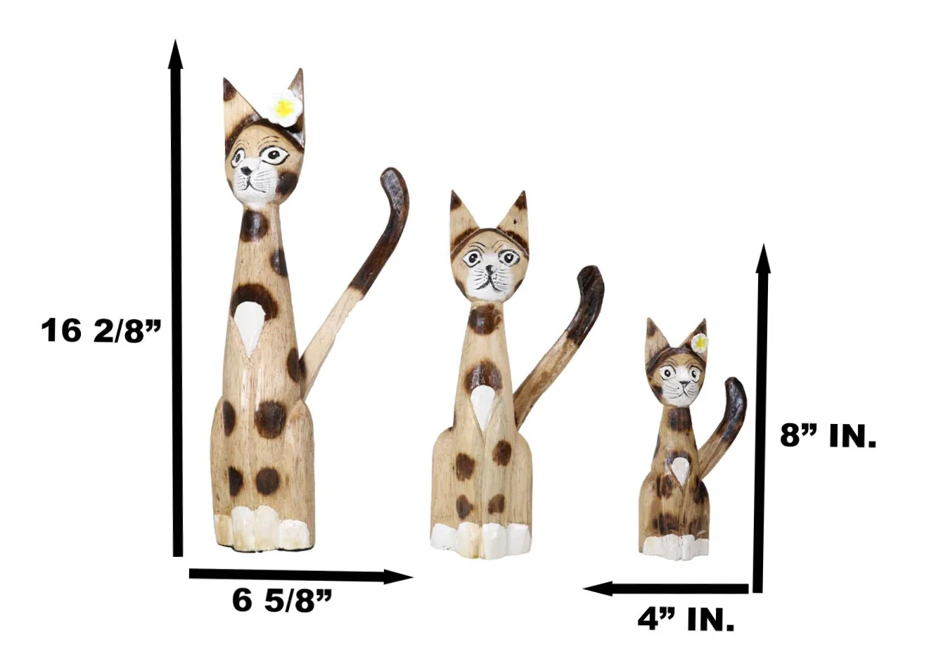 Balinese Wood Handicrafts Large Floral Feline Cat Family Set of 3 Figurines - Image 6