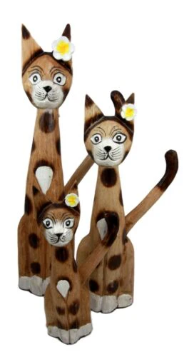 Balinese Wood Handicrafts Large Floral Feline Cat Family Set of 3 Figurines - Image 7