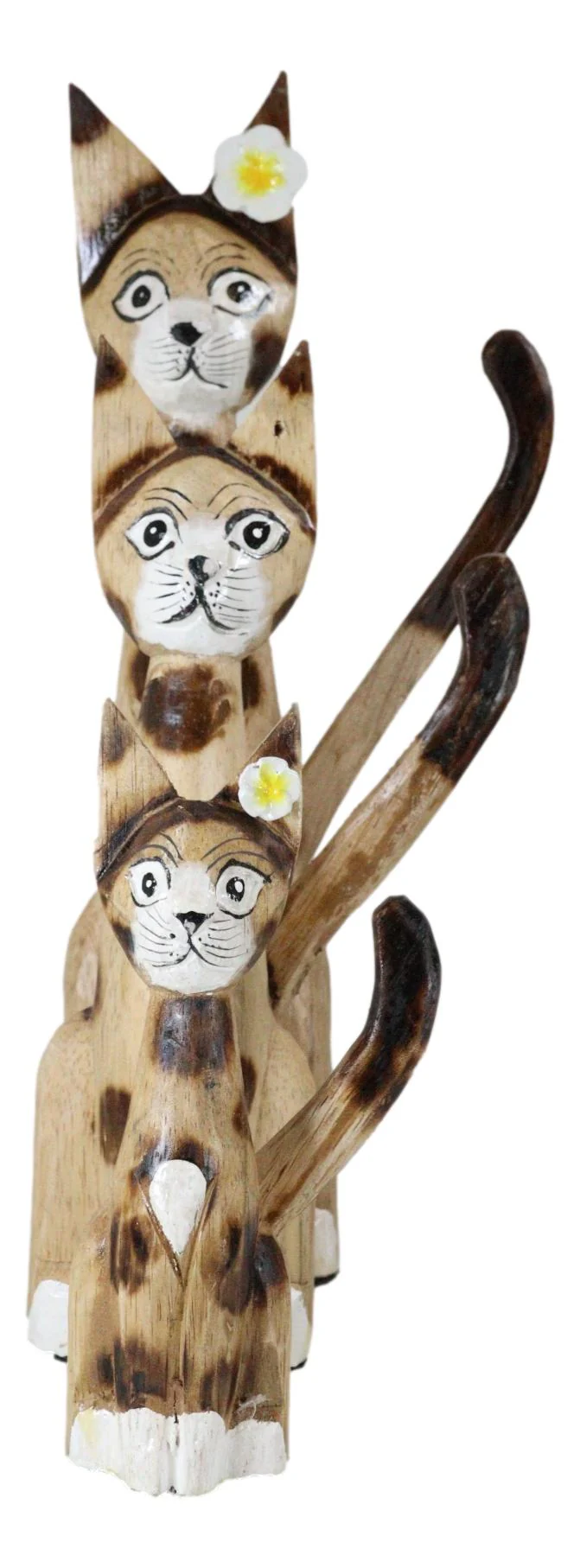 Balinese Wood Handicrafts Large Floral Feline Cat Family Set of 3 Figurines - Image 8