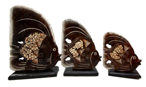 Balinese Wood Handicrafts Tribal Patterned Angel Fish Family Set of 3 Figurines - Image 3