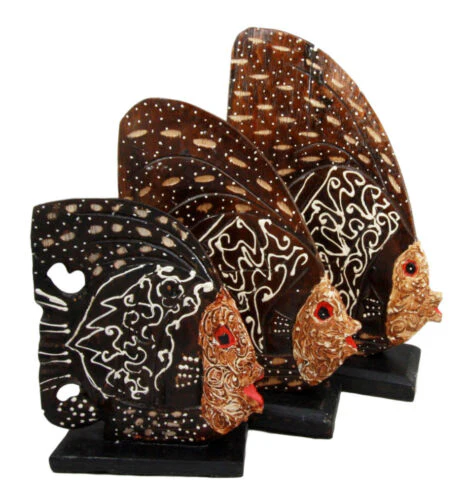 Balinese Wood Handicrafts Tropical Batik Angel Fish Family Set of 3 Figurines - Image 2