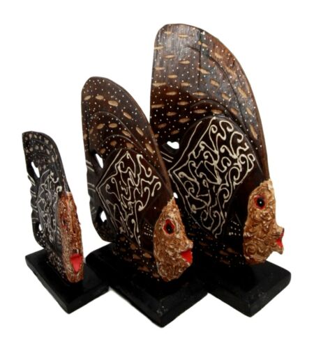 Balinese Wood Handicrafts Tropical Batik Angel Fish Family Set of 3 Figurines - Image 3