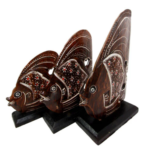 Balinese Wood Handicrafts Tropical Floral Angel Fish Family Set of 3 Figurines - Image 4