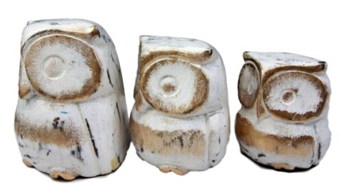 Balinese Wood Handicrafts White & Gold Forest Owl Family Set of 3 Figurines 4"H - Image 2