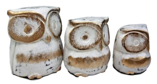 Balinese Wood Handicrafts White & Gold Forest Owl Family Set of 3 Figurines 4"H - Image 4
