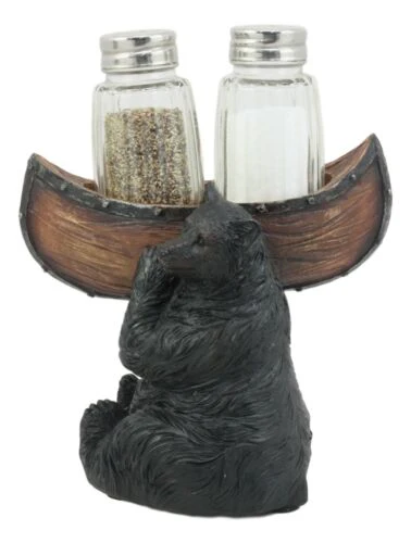 Black Bear Salt and Pepper Shakers Set 5"H Papa Bear Carrying A Canoe Statue - Image 3