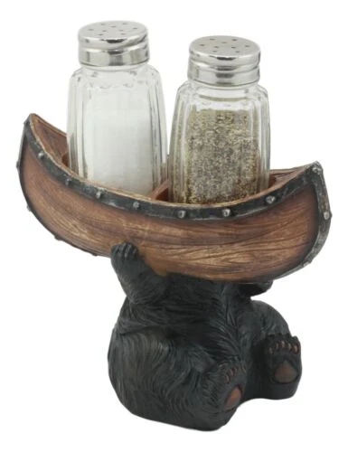 Black Bear Salt and Pepper Shakers Set 5"H Papa Bear Carrying A Canoe Statue - Image 4