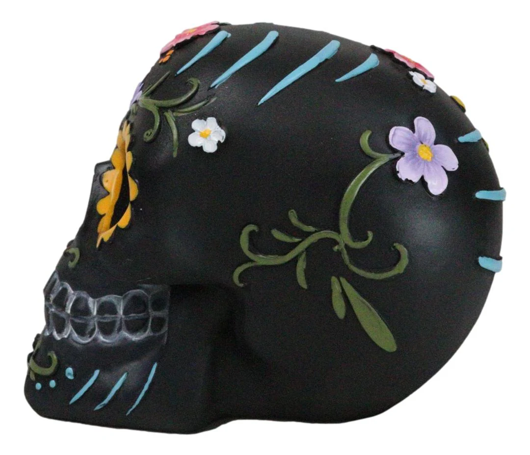 Black Day of The Dead Colorful Sunflowers Floral Blooms Sugar Skull Figurine - Image 5