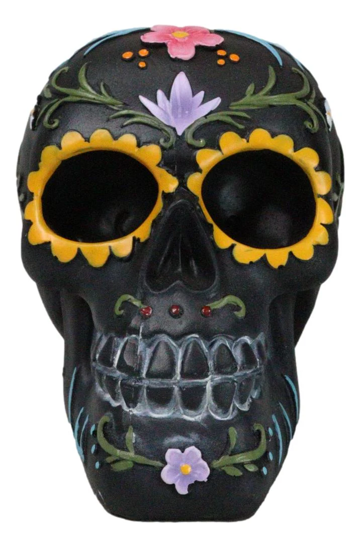 Black Day of The Dead Colorful Sunflowers Floral Blooms Sugar Skull Figurine - Image 6