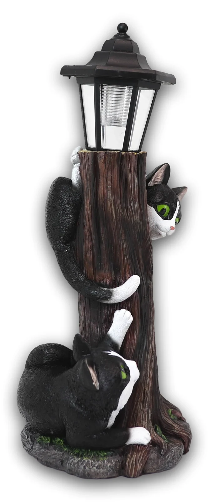Black Kitten Cats by Garden Tree Outpost Statue With Solar LED Lantern Light - Image 2