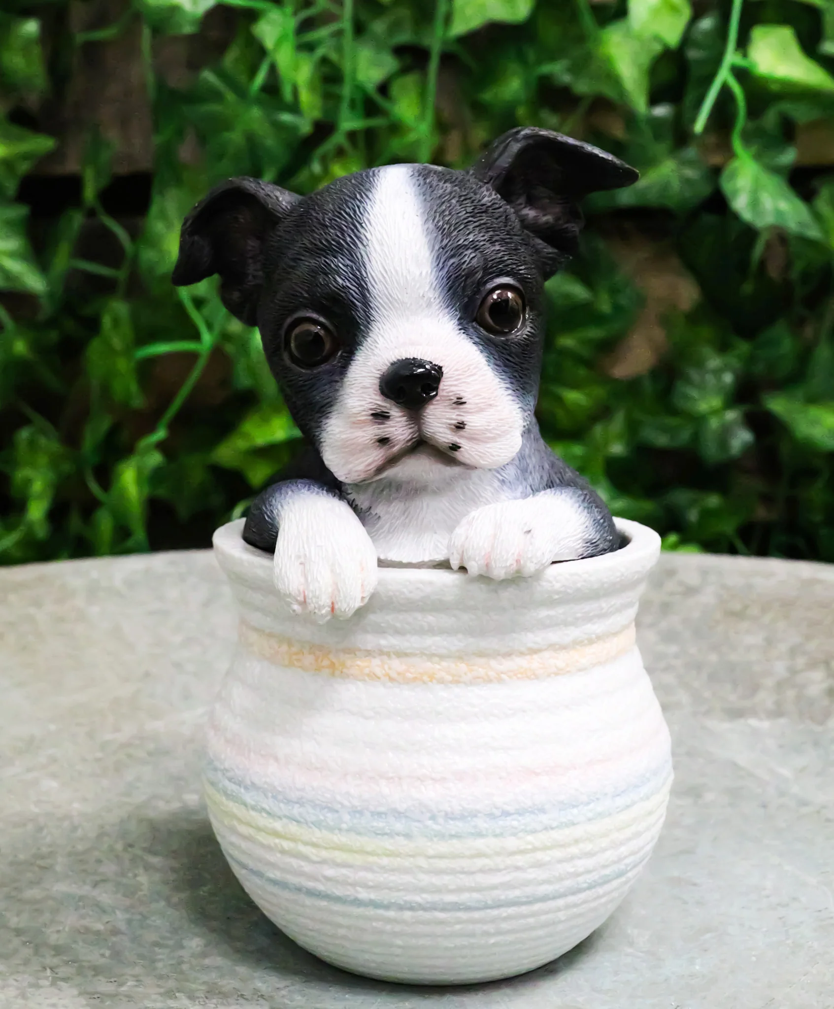 Black White Tuxedo Boston Terrier Puppy Dog Figurine With Glass Eyes Pup In Pot - Image 9