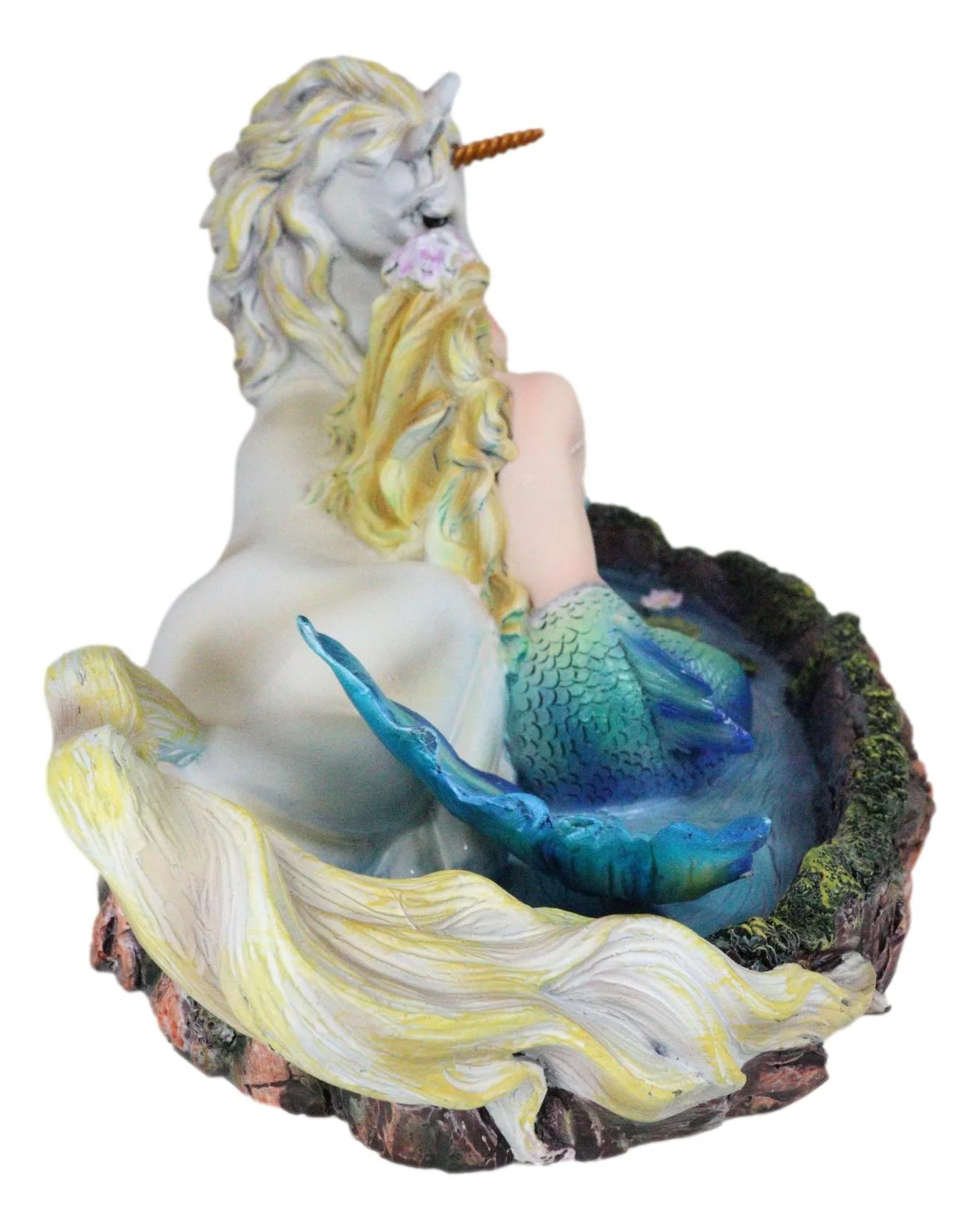 Blonde Mermaid Siren Princess Ariel With Rare White Unicorn In Lily Pond Statue - Image 2