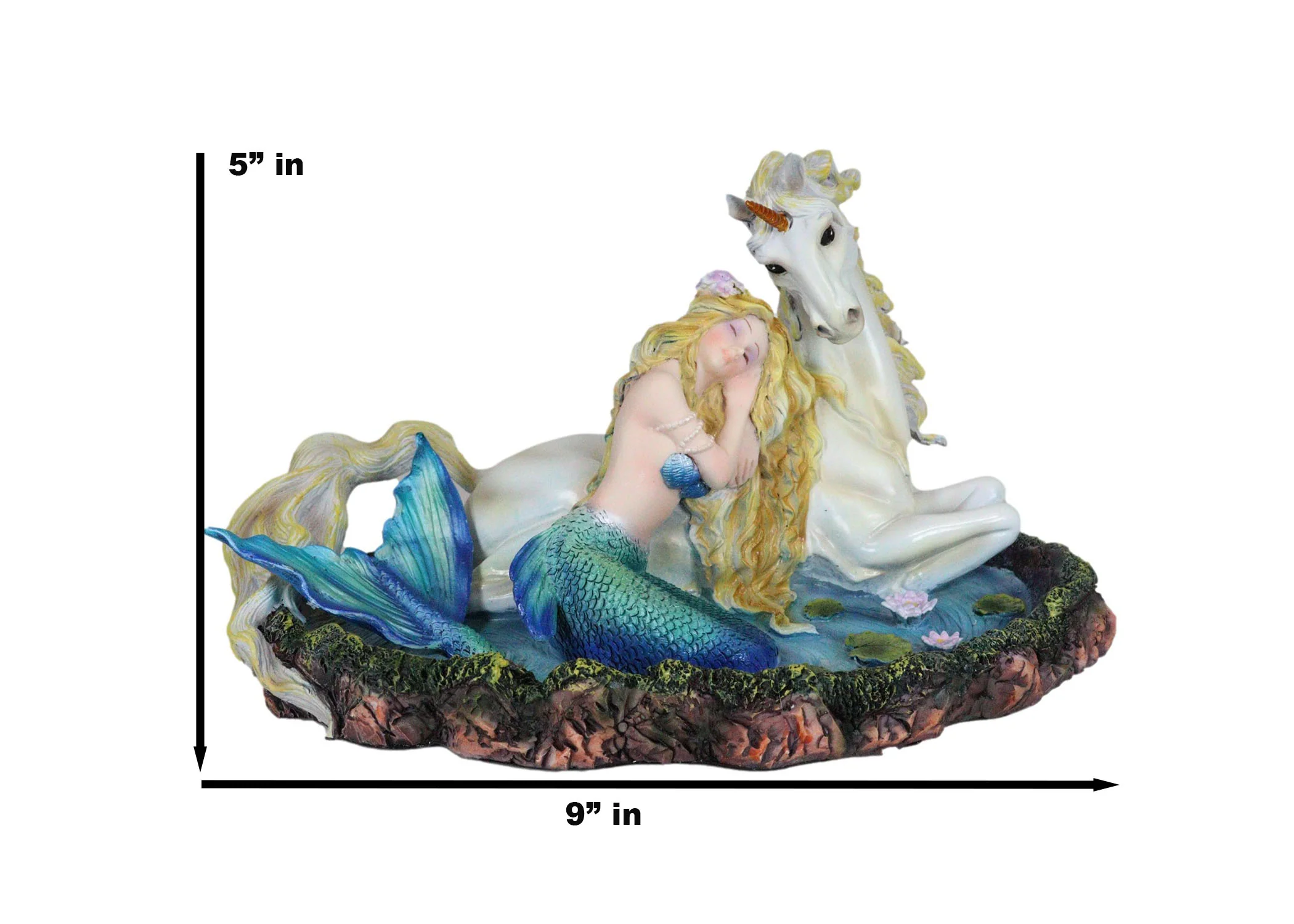 Blonde Mermaid Siren Princess Ariel With Rare White Unicorn In Lily Pond Statue - Image 3