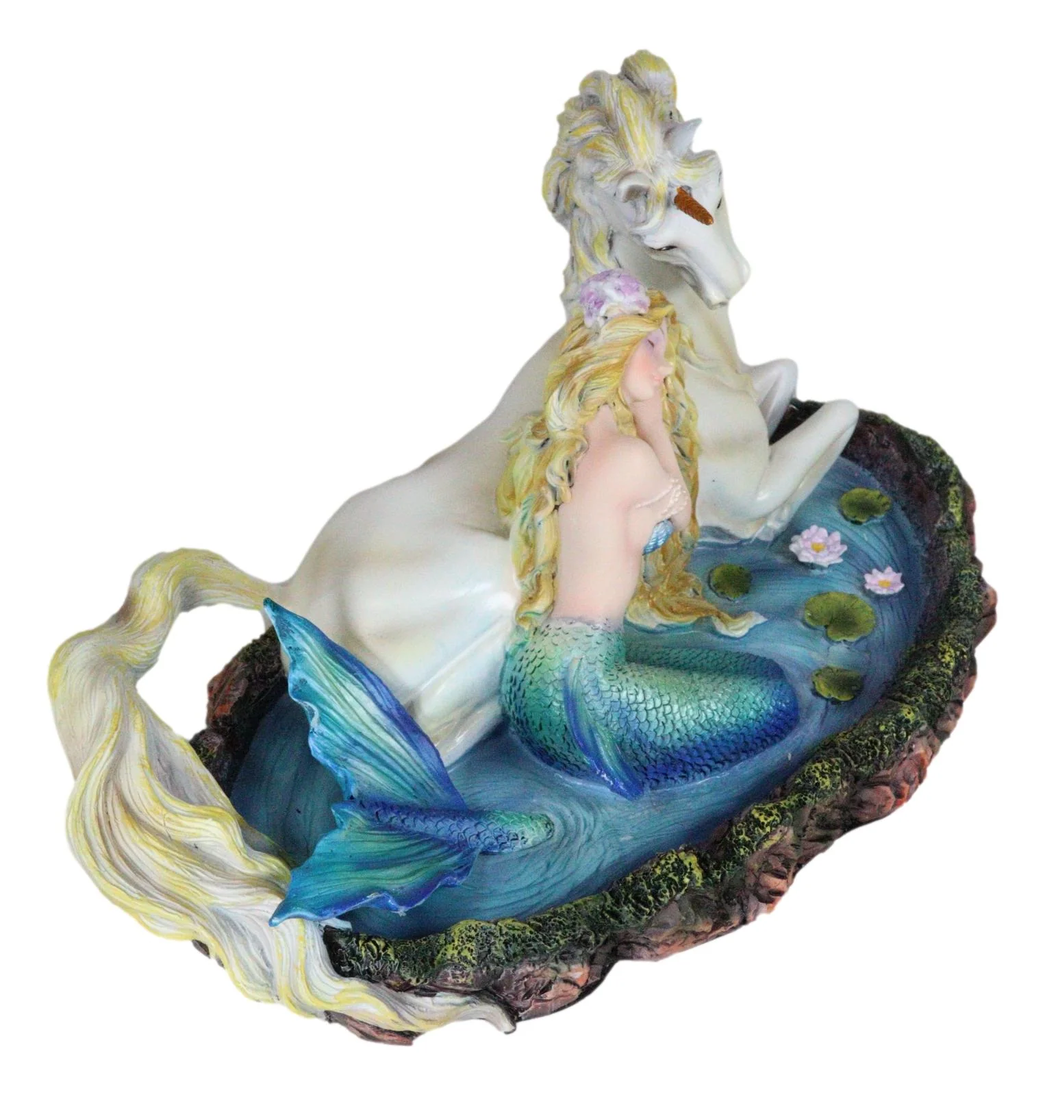 Blonde Mermaid Siren Princess Ariel With Rare White Unicorn In Lily Pond Statue - Image 4