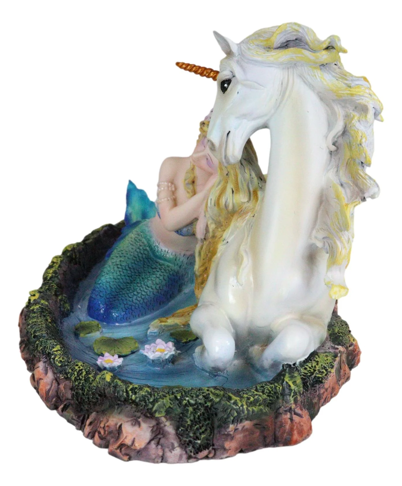 Blonde Mermaid Siren Princess Ariel With Rare White Unicorn In Lily Pond Statue - Image 5