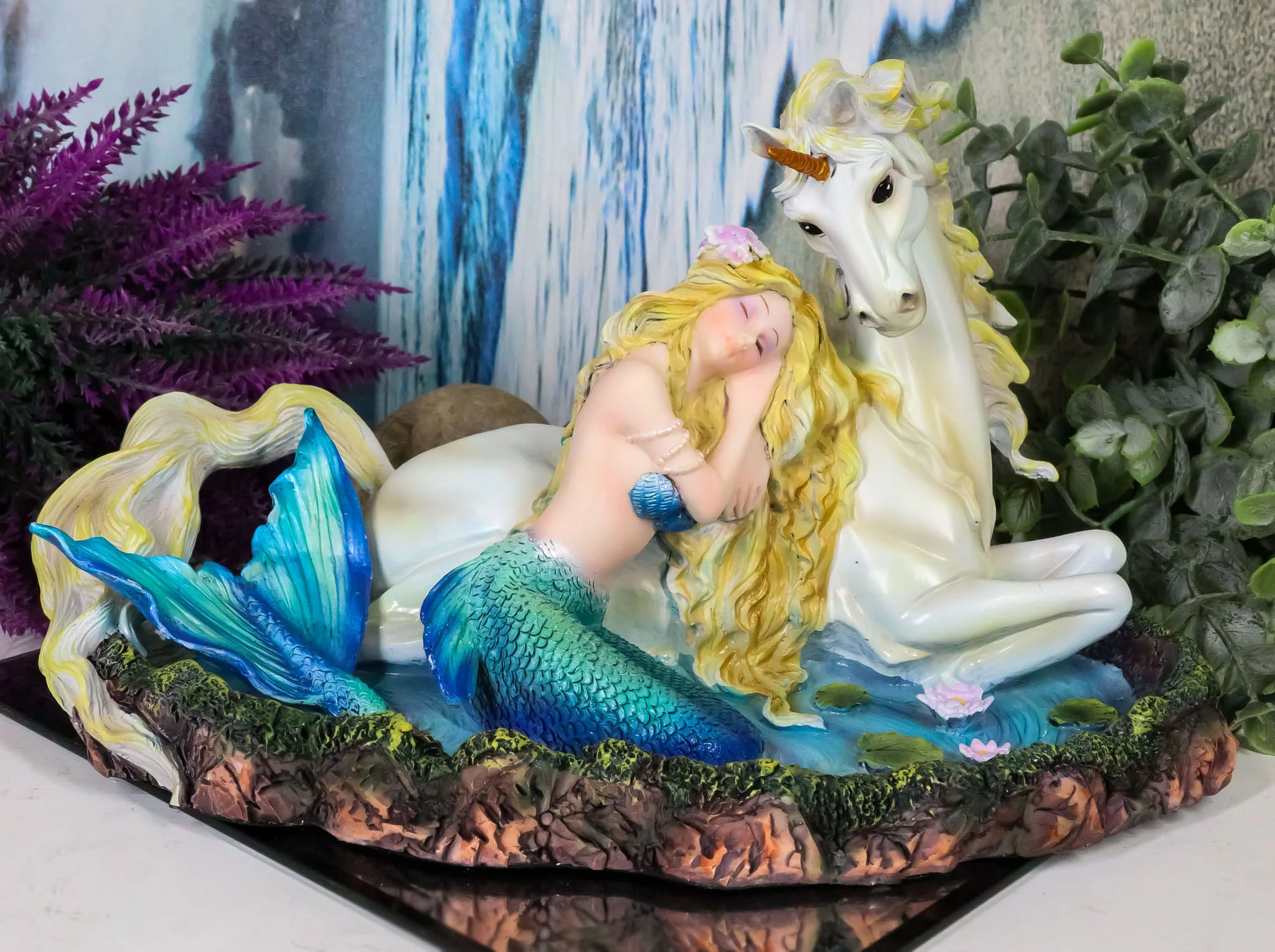 Blonde Mermaid Siren Princess Ariel With Rare White Unicorn In Lily Pond Statue - Image 7
