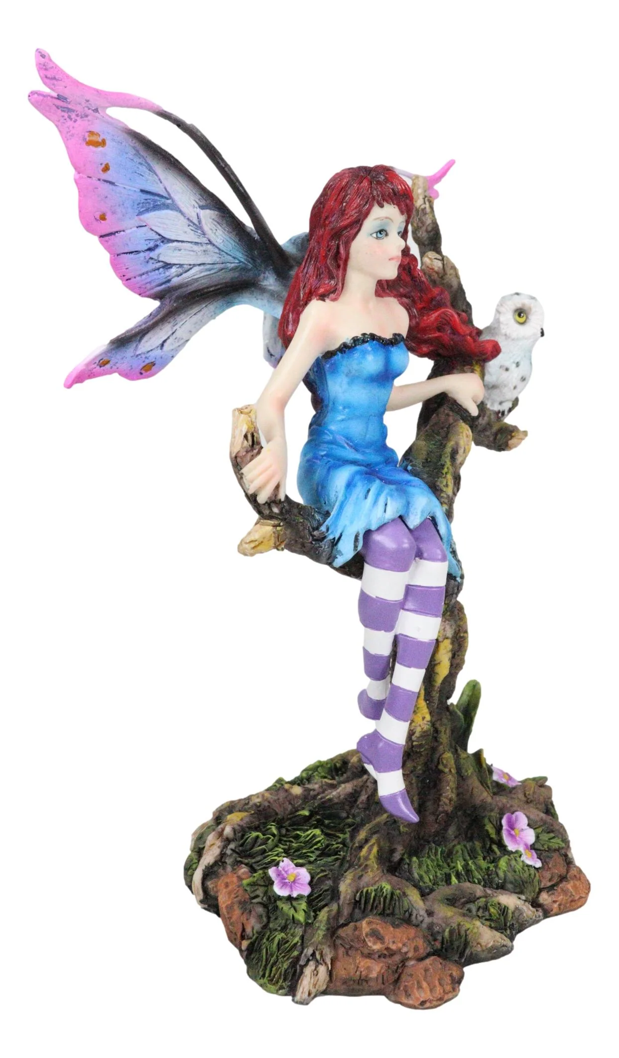 Blue Avatar Butterfly Fairy With Snow Owl Sitting On Magic Forest Tree Figurine - Image 3